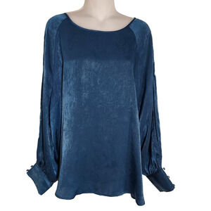 Maurices Women’s Fallon Satin Blouse Split Long Sleeves Relaxed Pullover Blue 2X